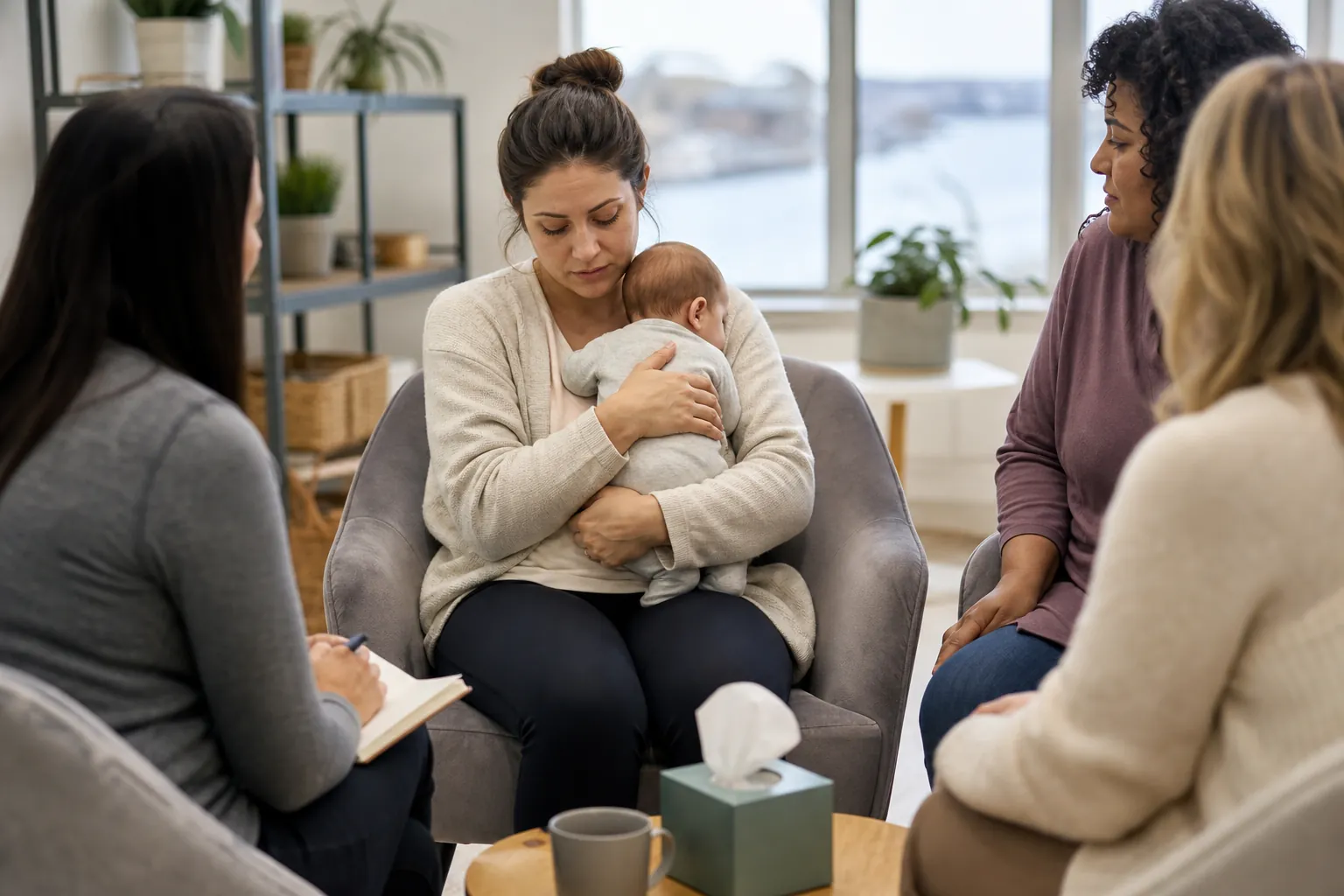 Mother and infant in a postpartum support group A mother holding her infant sits with three women in a supportive postpartum mental health group setting.