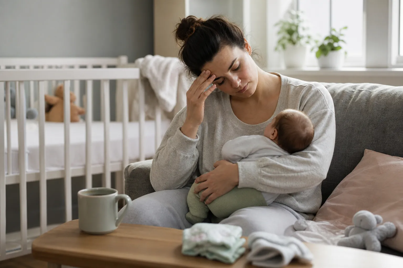 A tired mother touches her forehead while holding an infant on a sofa beside a crib, baby supplies, and a mug.