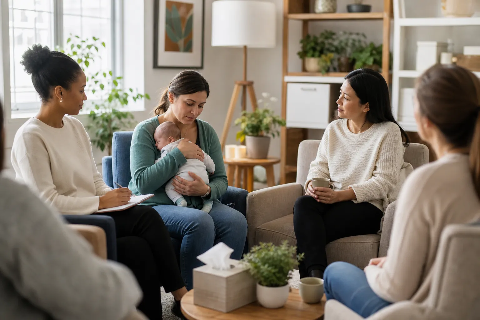 A mother holds her infant while seated with four women in a supportive group therapy session in a warm, home-like room.
