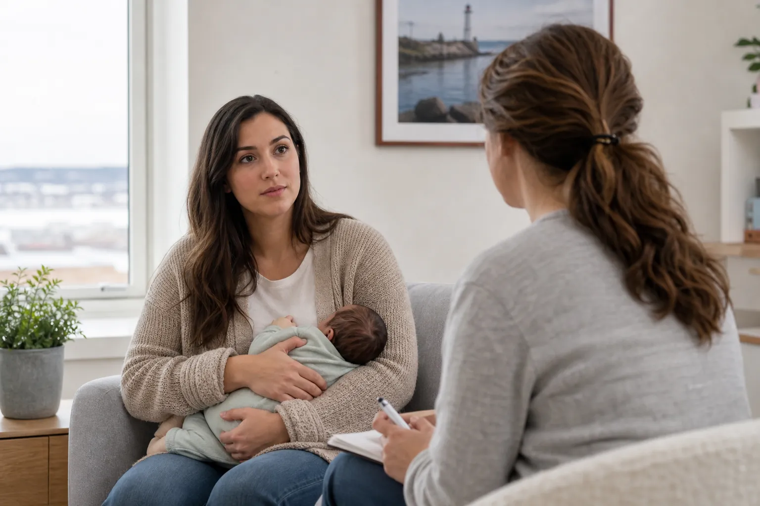 Mother Discussing Postpartum Care With a Counselor A mother holding an infant speaks with a female counselor taking notes in a bright, comfortable office.