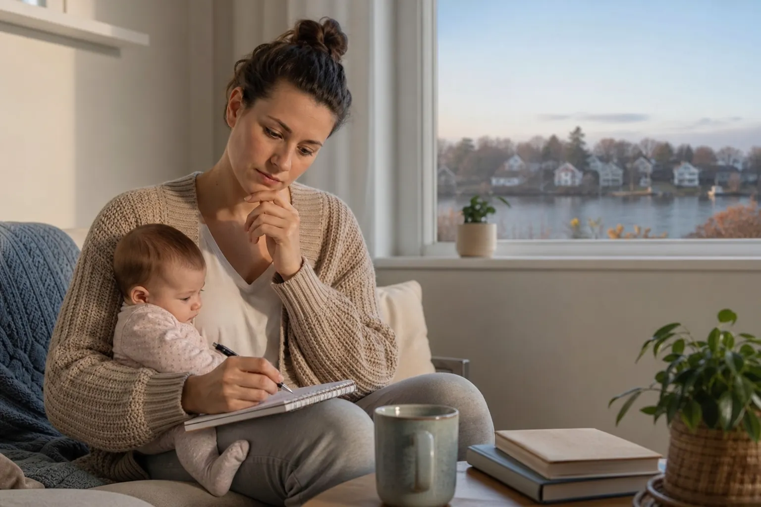 Mother Reflecting on Care Needs While Holding Her Baby A thoughtful mother holds her baby while writing in a notebook on a sofa beside a window overlooking a lake.