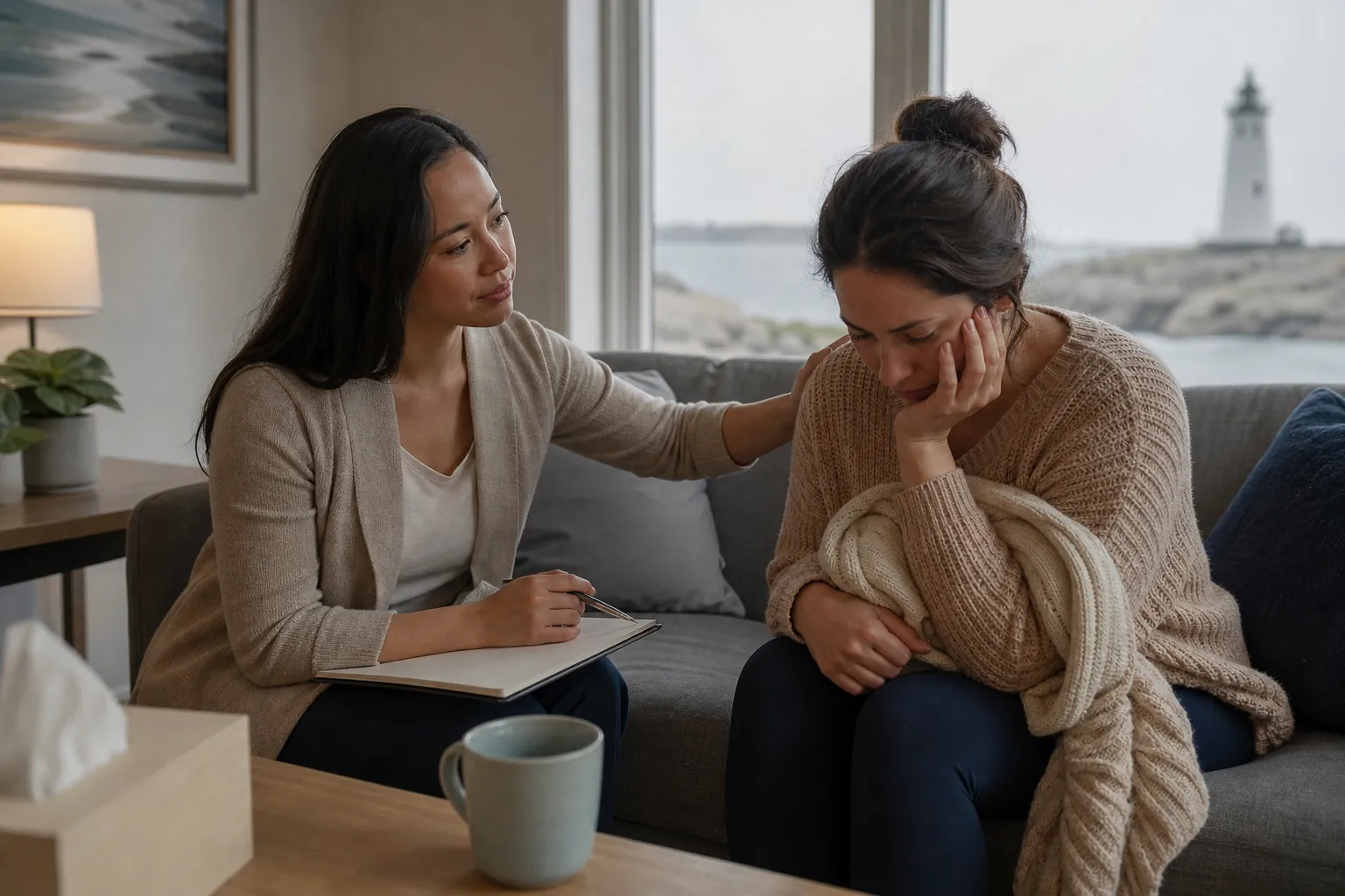 Therapist Supporting a Mother With Postpartum Distress A therapist with a notepad comforts a distressed woman cradling a bundled infant on a sofa beside a coastal window.