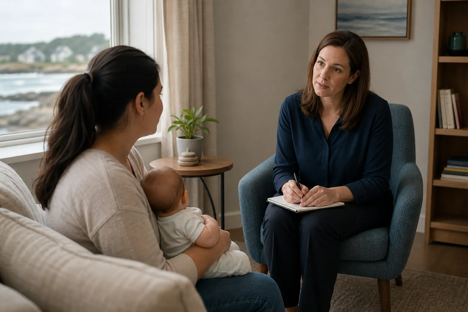 Mother and Baby During a Therapist Consultation A mother holding her baby speaks with a therapist taking notes during a consultation in a calm office.