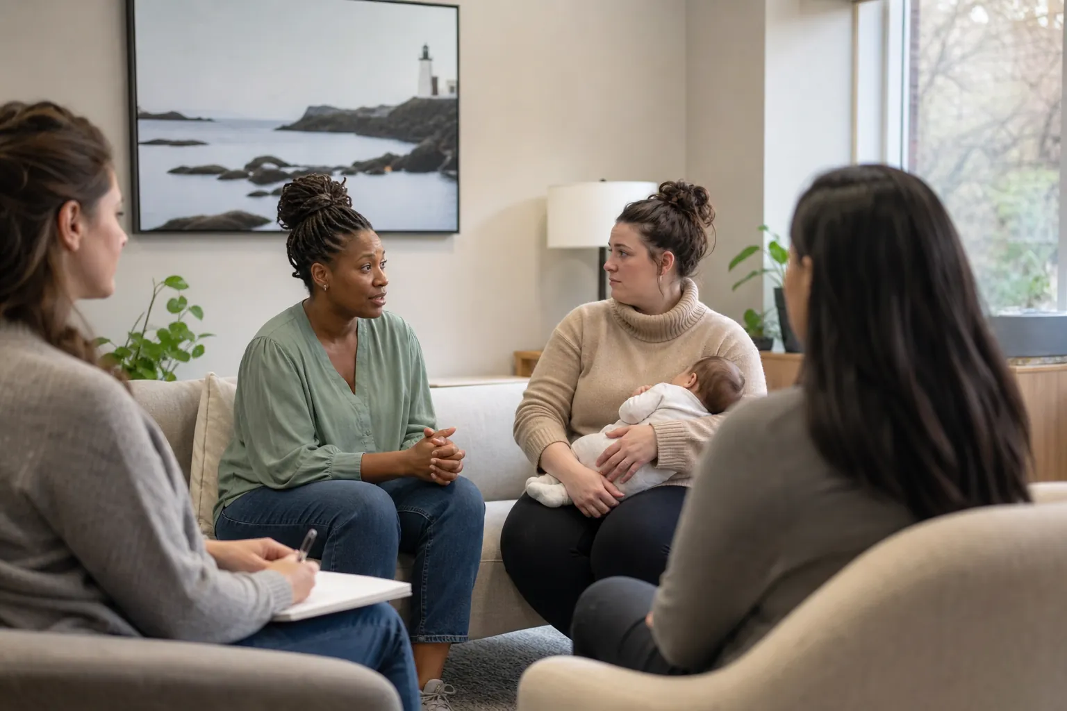 A mother holding her infant speaks with three women during a postpartum mental health support group session.