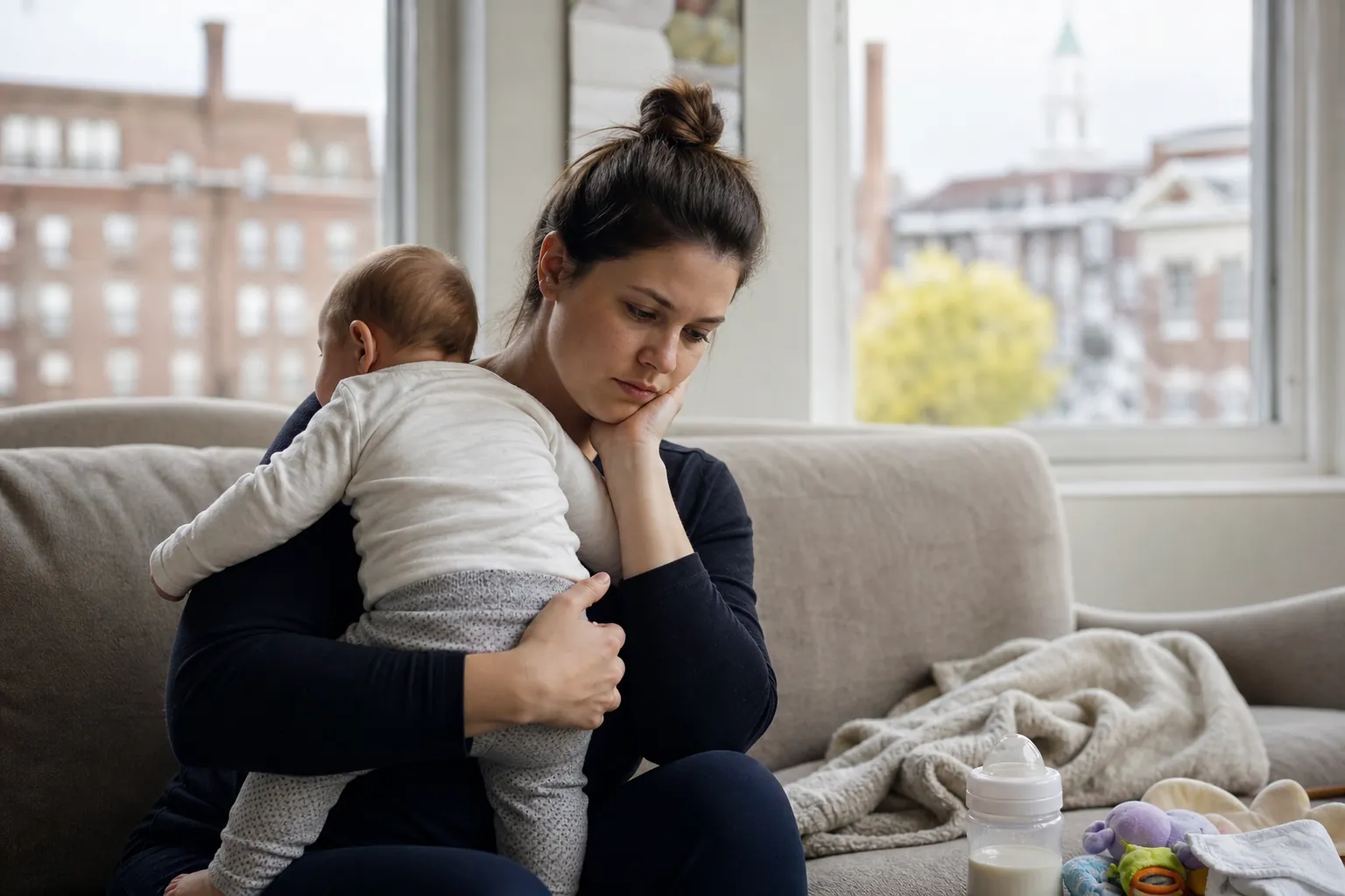 A tired mother sits on a sofa holding her baby, with a bottle, toys, and blanket nearby in a bright living room.