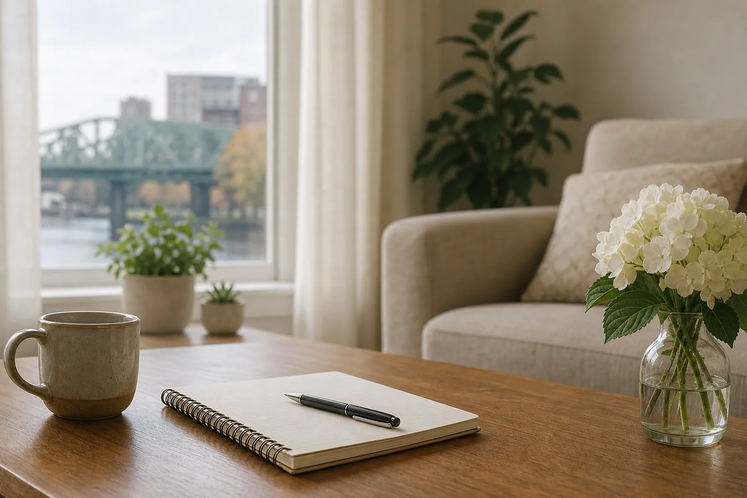 Notebook, mug, and white flowers on a wooden table A blank spiral notebook and pen, ceramic mug, and glass vase of white flowers sit on a wooden table near an armchair, plants, and a window.