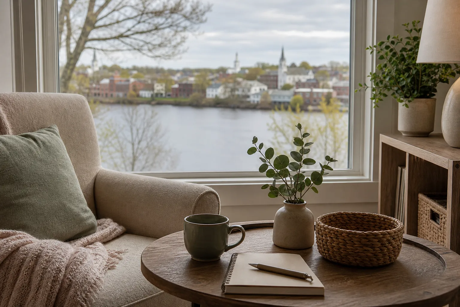 Armchair and table beside a window An upholstered armchair with a cushion and throw beside a round wooden table holding a mug, blank notebook, pen, vase of greenery, and woven basket.