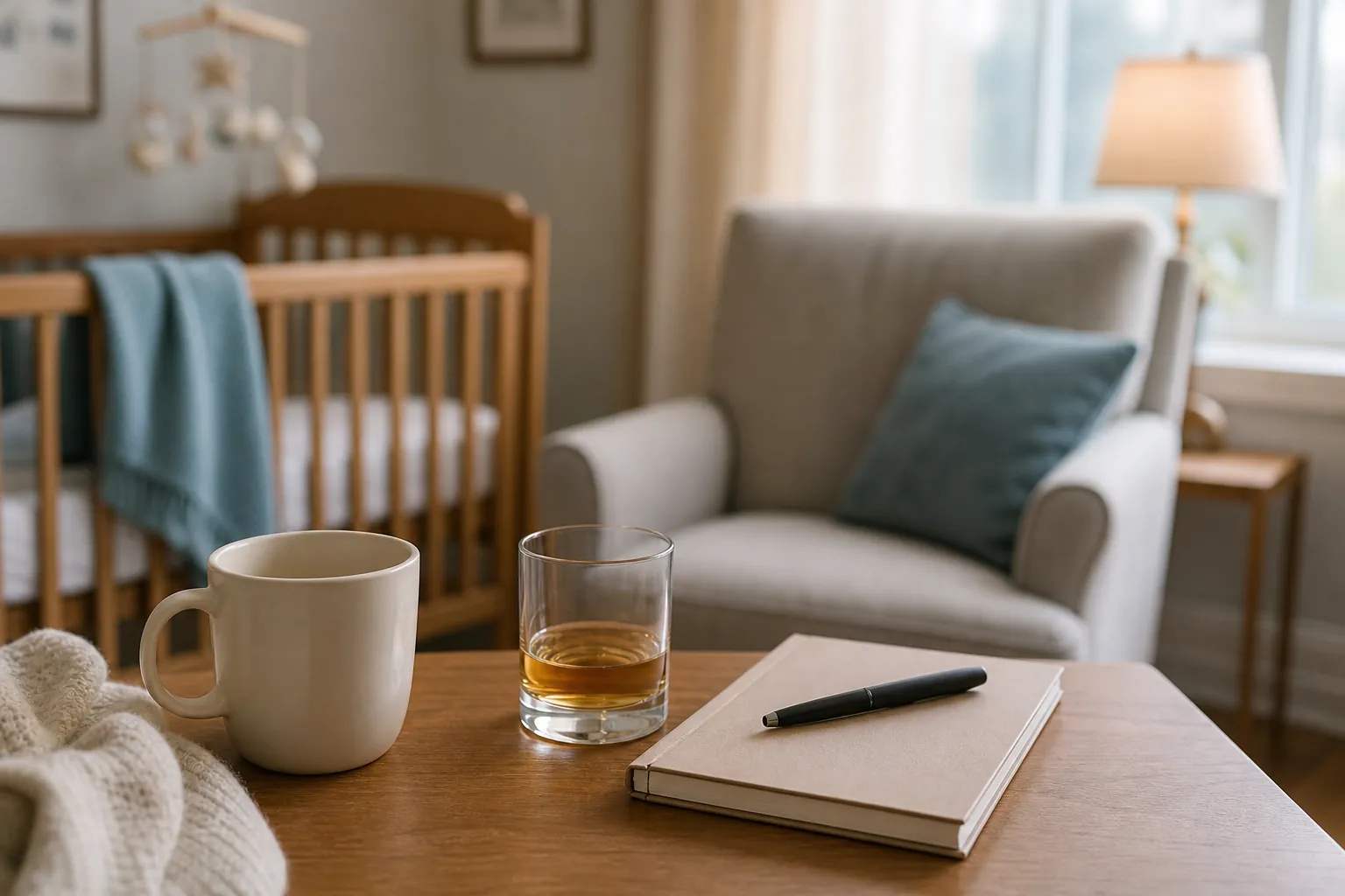 A wooden table holds a cream mug, a glass of amber liquid, and a closed notebook with a pen, with a crib, armchair, and lamp behind it.