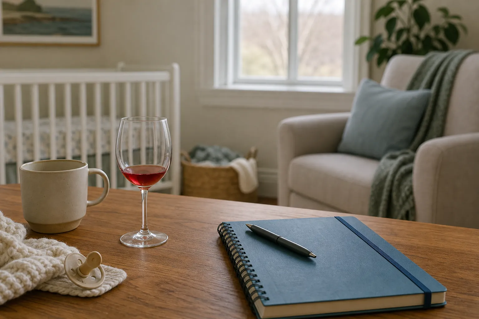 A wine glass with red liquid, mug, blue notebook, pen and pacifier on a wooden table, with a crib and armchair in the background.