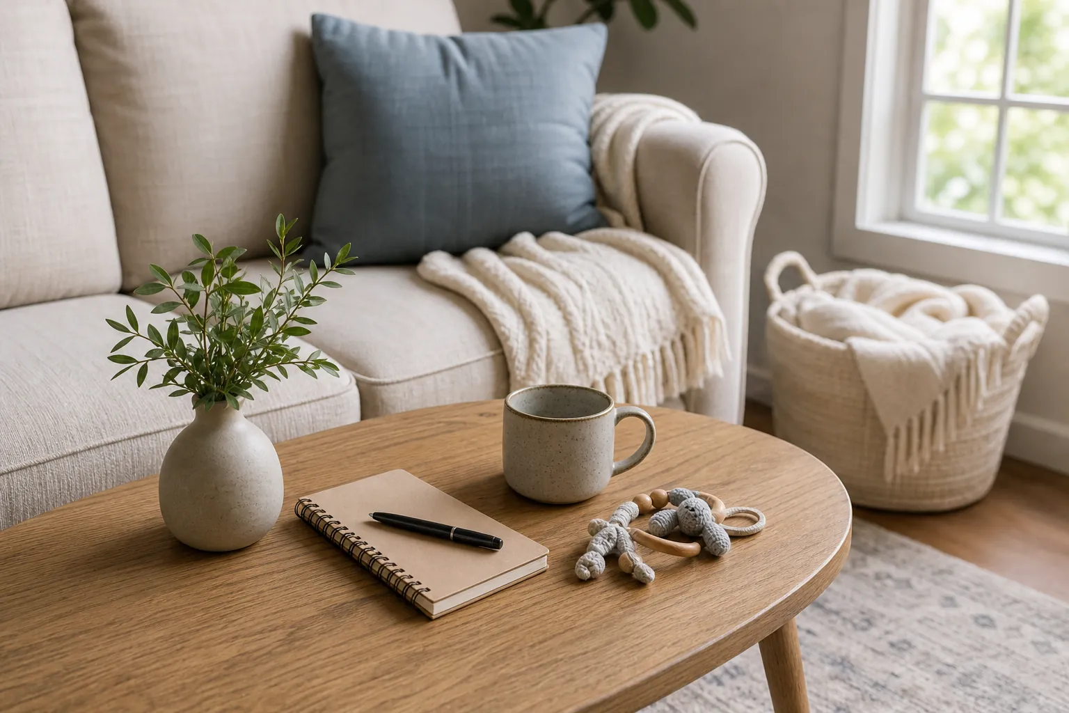 Wooden coffee table with a notebook, pen, ceramic mug, vase of greenery and small baby toys beside a cream sofa and basket of blankets.