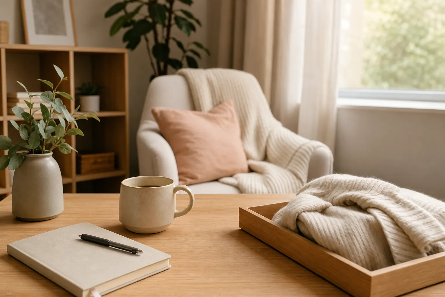 A wooden table holds a mug, closed notebook, pen, leafy vase and tray of cream fabric, with a cushioned armchair beside a window.