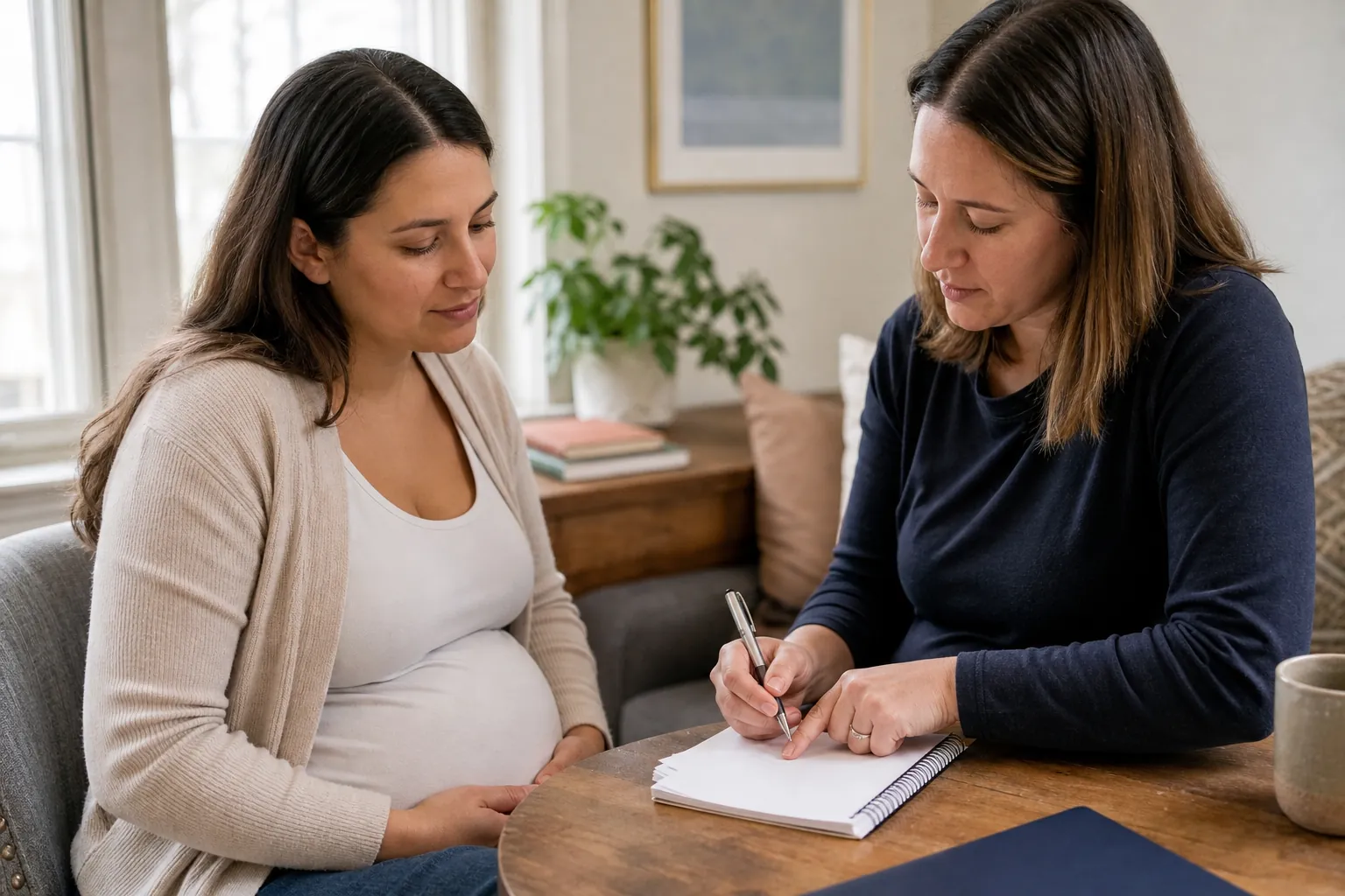 Pregnant Woman Discussing Plans With a Care Provider A pregnant woman sits beside another woman who writes in a spiral notebook during a planning discussion at a wooden table.