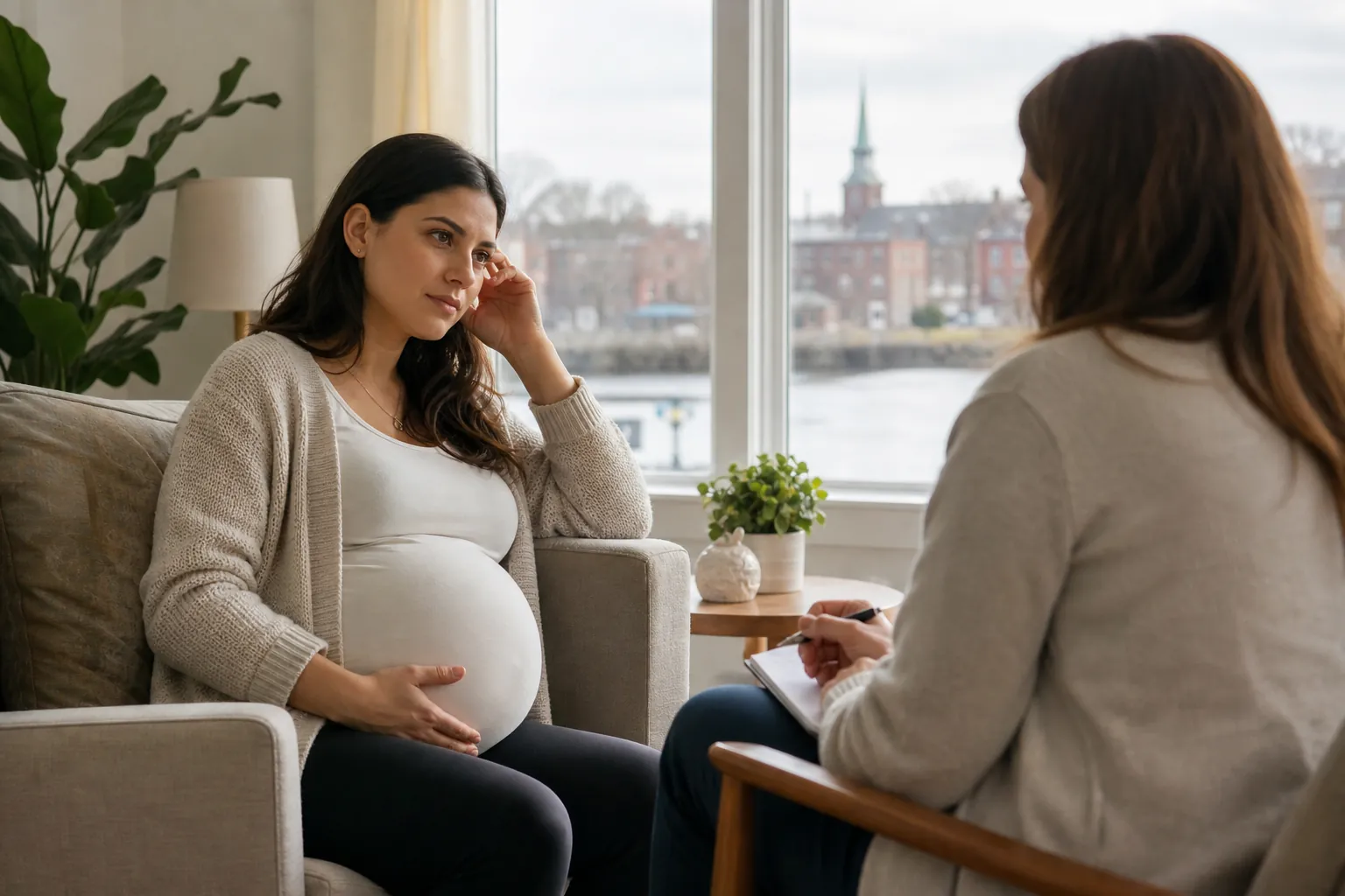 Pregnant Woman Speaking With a Counselor A pregnant woman rests a hand on her belly while speaking with a seated counselor holding a pen and notebook.