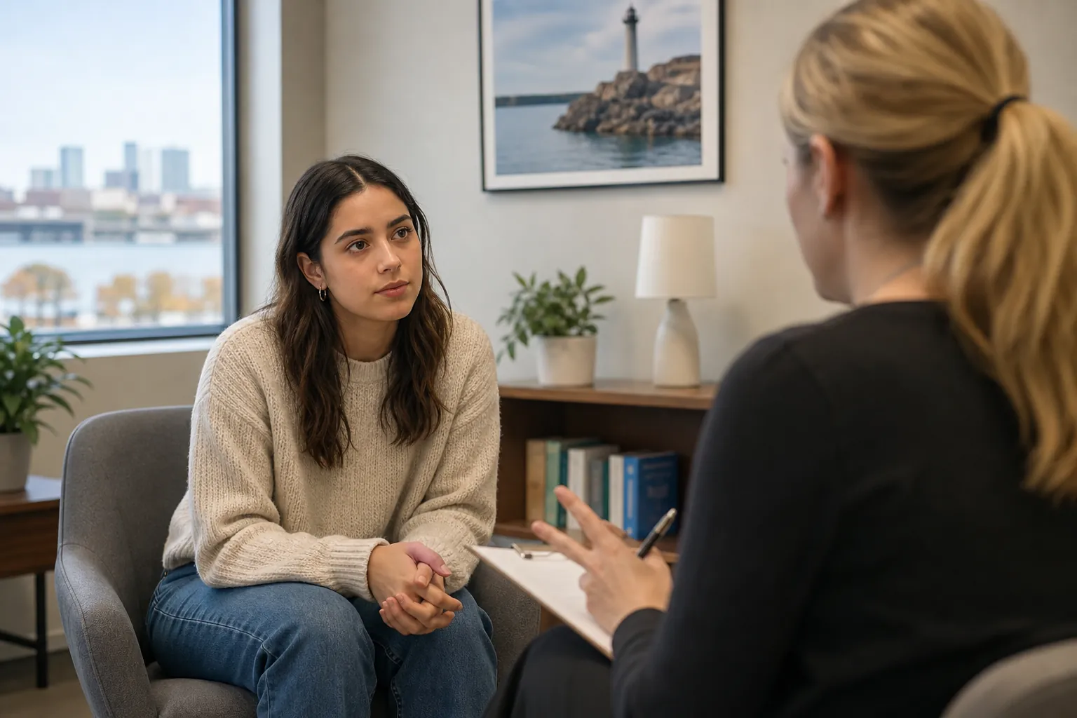 Mental Health Assessment Consultation A woman listens to a mental health professional holding a clipboard during an assessment in a bright office.