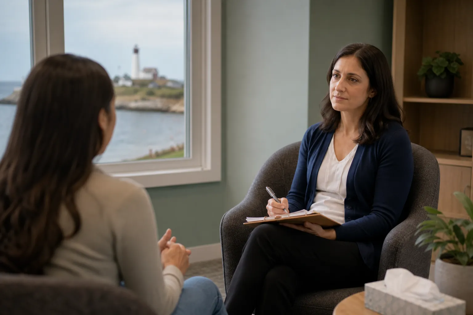 Mental Health Professional Conducting an Assessment A mental health professional takes notes while speaking with a patient in an office overlooking a coastal lighthouse.