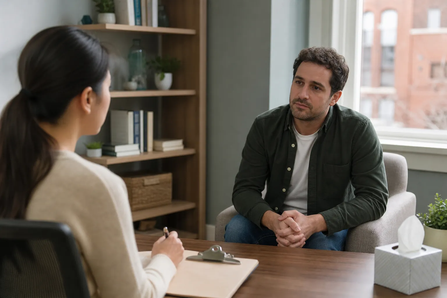 Clinician Discussing Required Information With a Patient A clinician holding a pen and clipboard speaks with a seated man in a private office consultation.
