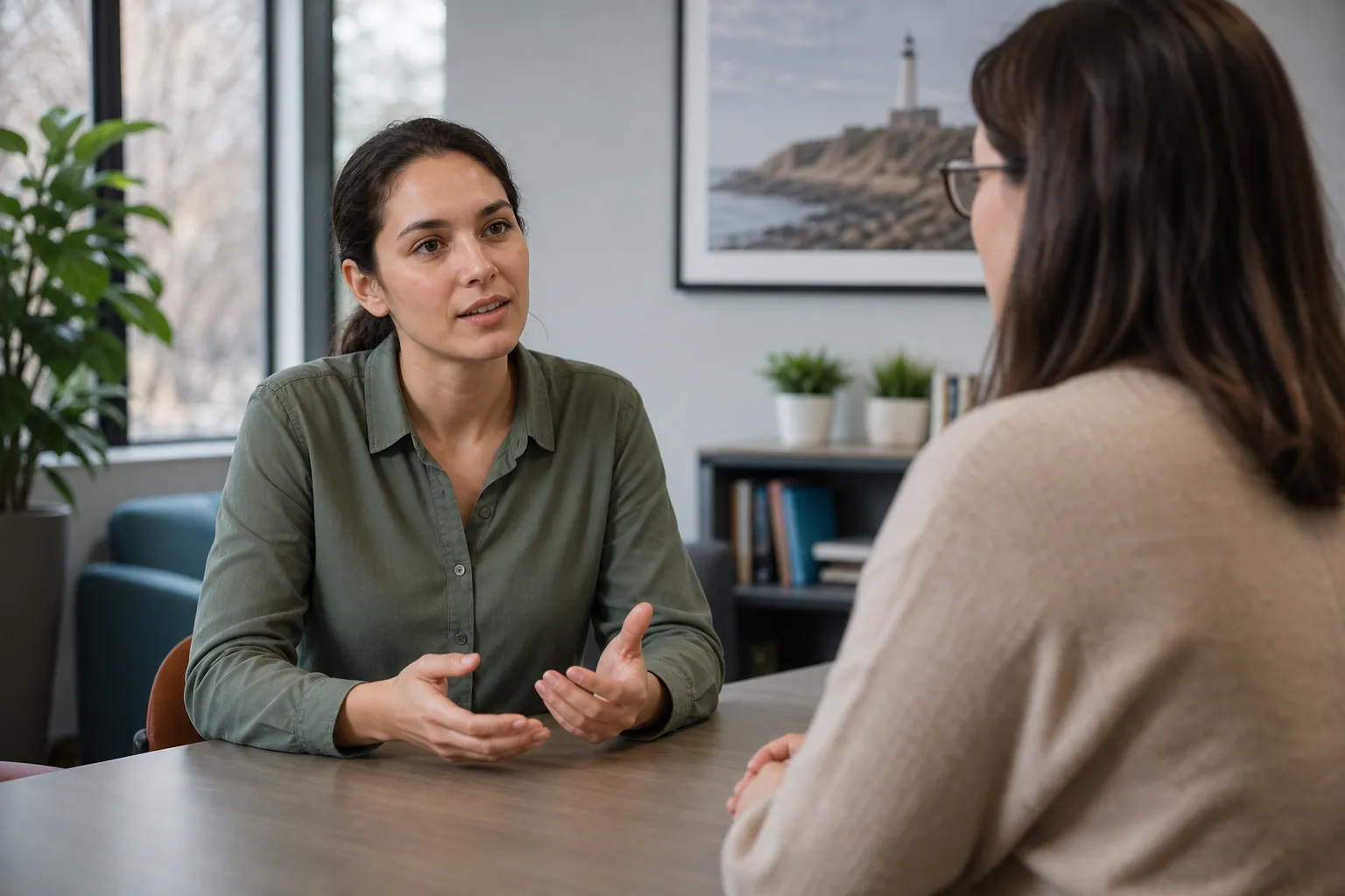 Counselor Discussing Treatment With a Patient A counselor in a green shirt gestures while speaking with a woman seated across a table in a quiet office.