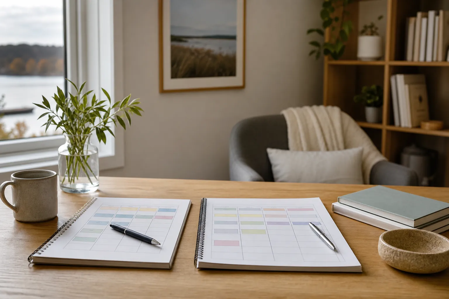 Two spiral-bound planners with pastel schedule grids and pens on a wooden table beside a mug, glass vase, stacked notebooks, and bowl.