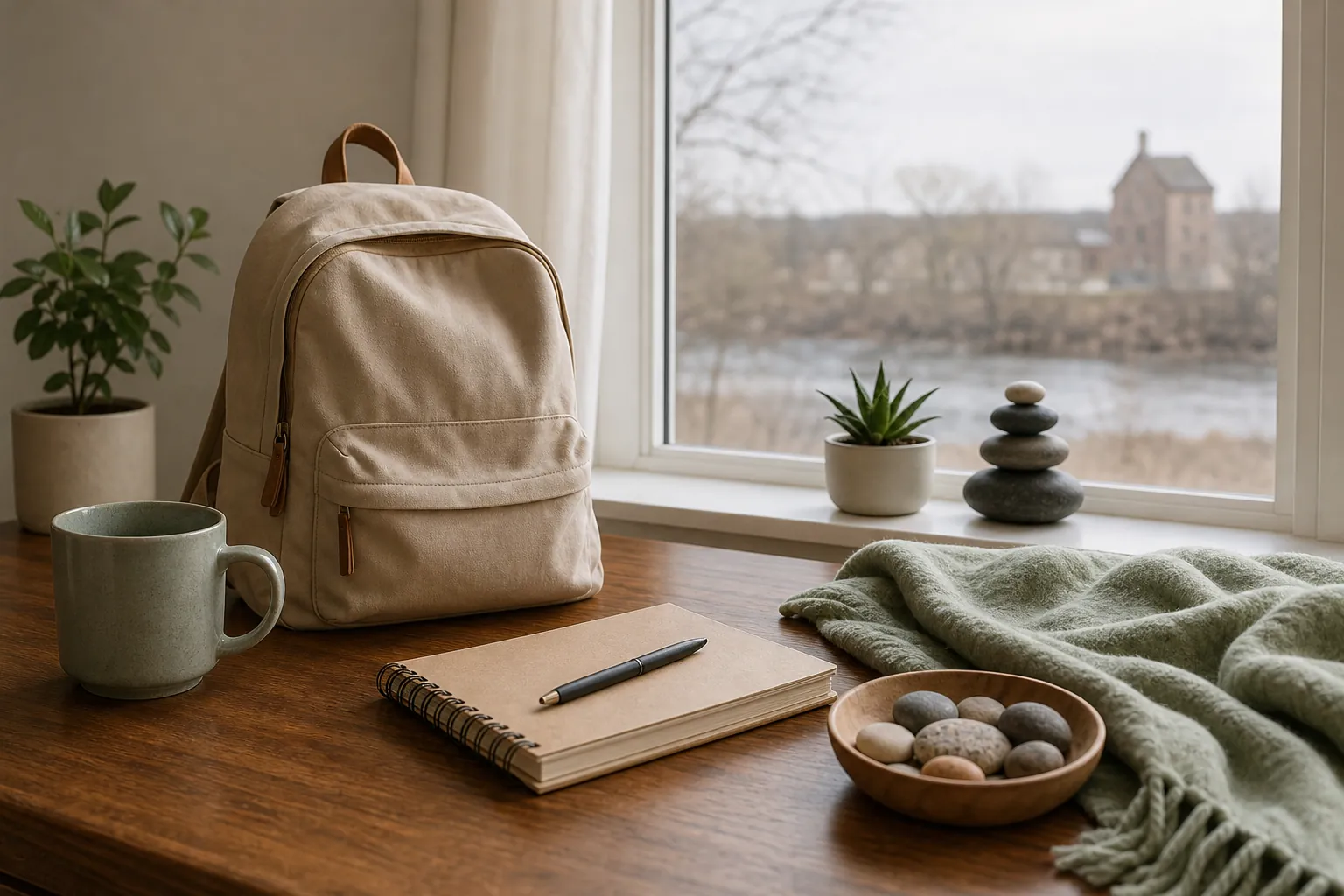A beige backpack, mug, notebook with pen, green blanket, and bowl of stones on a wooden table beside a window with potted plants and stacked stones.