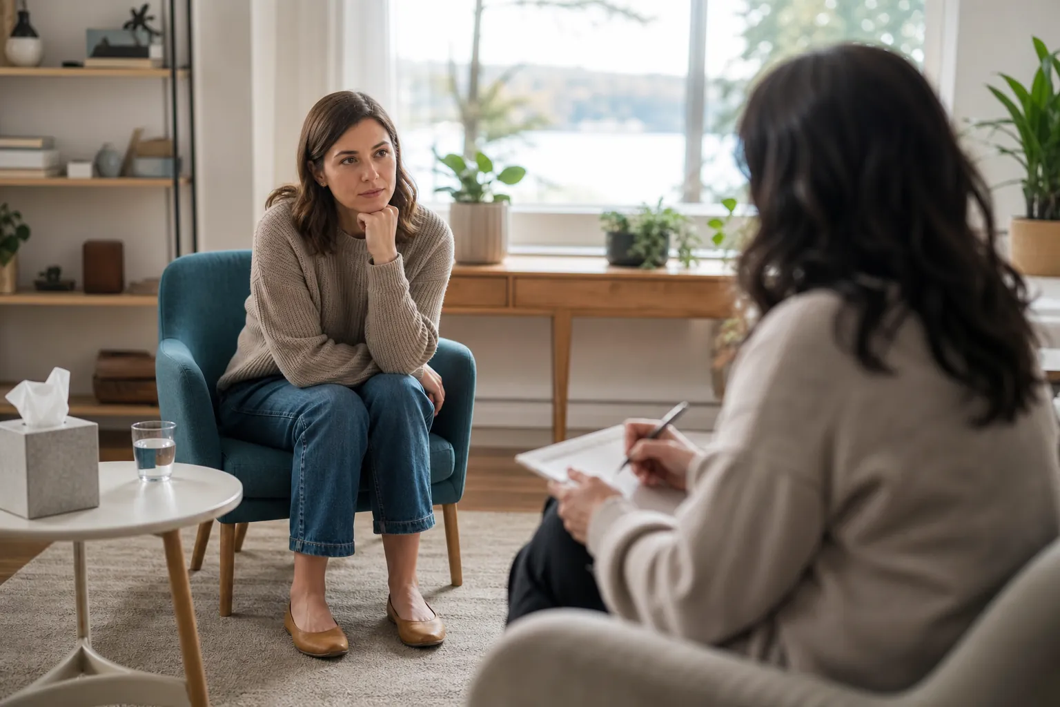 Woman Speaking With a Therapist in a Bright Office A woman sits in an armchair speaking with a therapist who takes notes in a bright, plant-filled office.