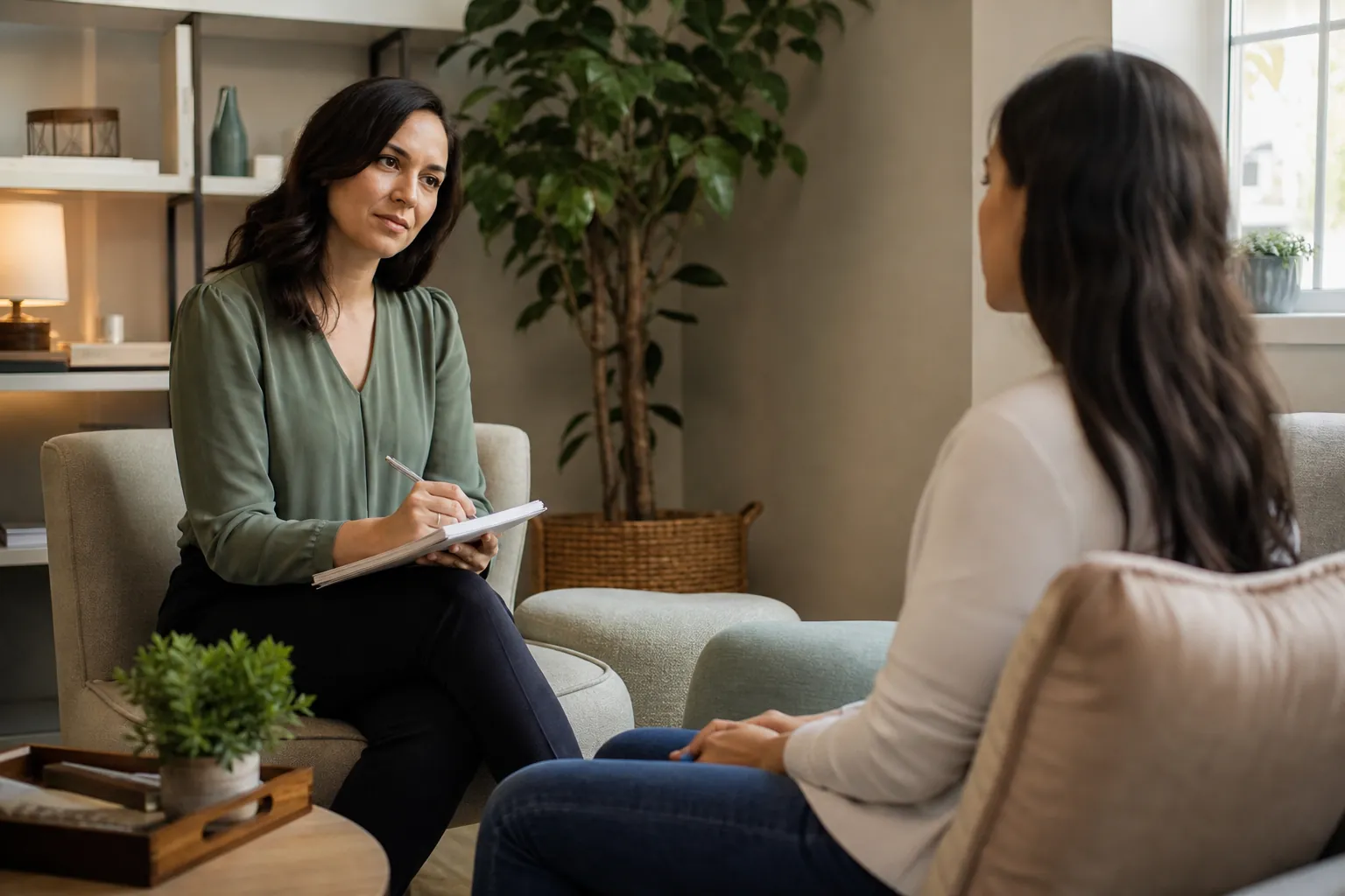 Therapist Taking Notes During a Counseling Session A therapist takes notes on a pad while speaking with a seated client in a softly lit office.