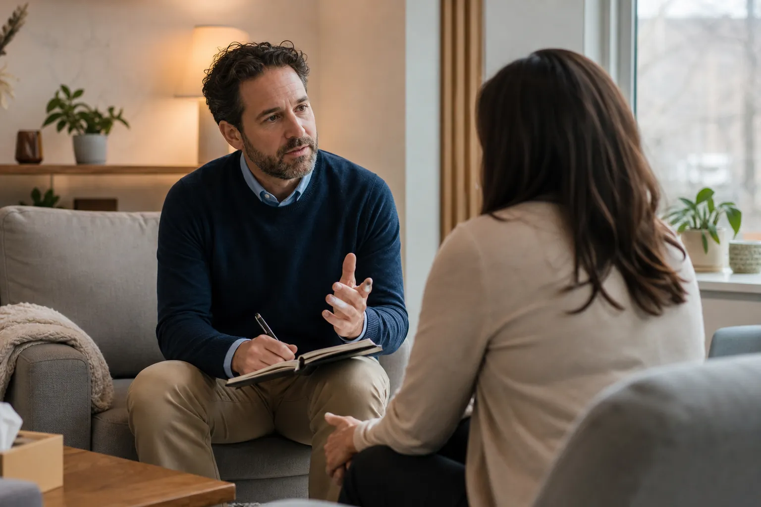 Therapy Conversation With an Open Notebook A man holding a pen and open notebook gestures while facing a woman seated across from him in a softly lit room.