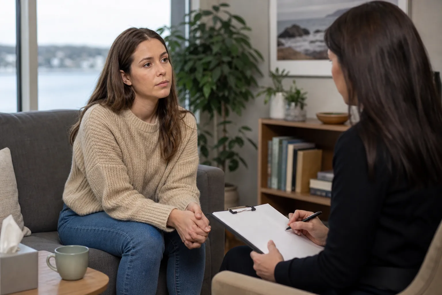 Mental Health Assessment With a Therapist A woman speaks with a therapist holding a clipboard during a mental health assessment in a calm office.