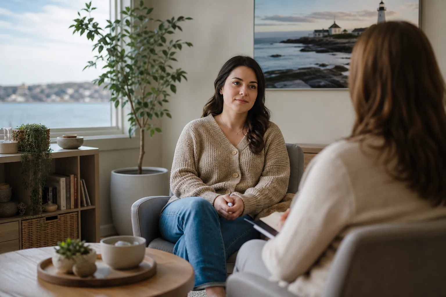 Calm Therapy Session Before Trauma-Focused Care A woman sits calmly with clasped hands while speaking with a therapist in a bright, comfortable office.