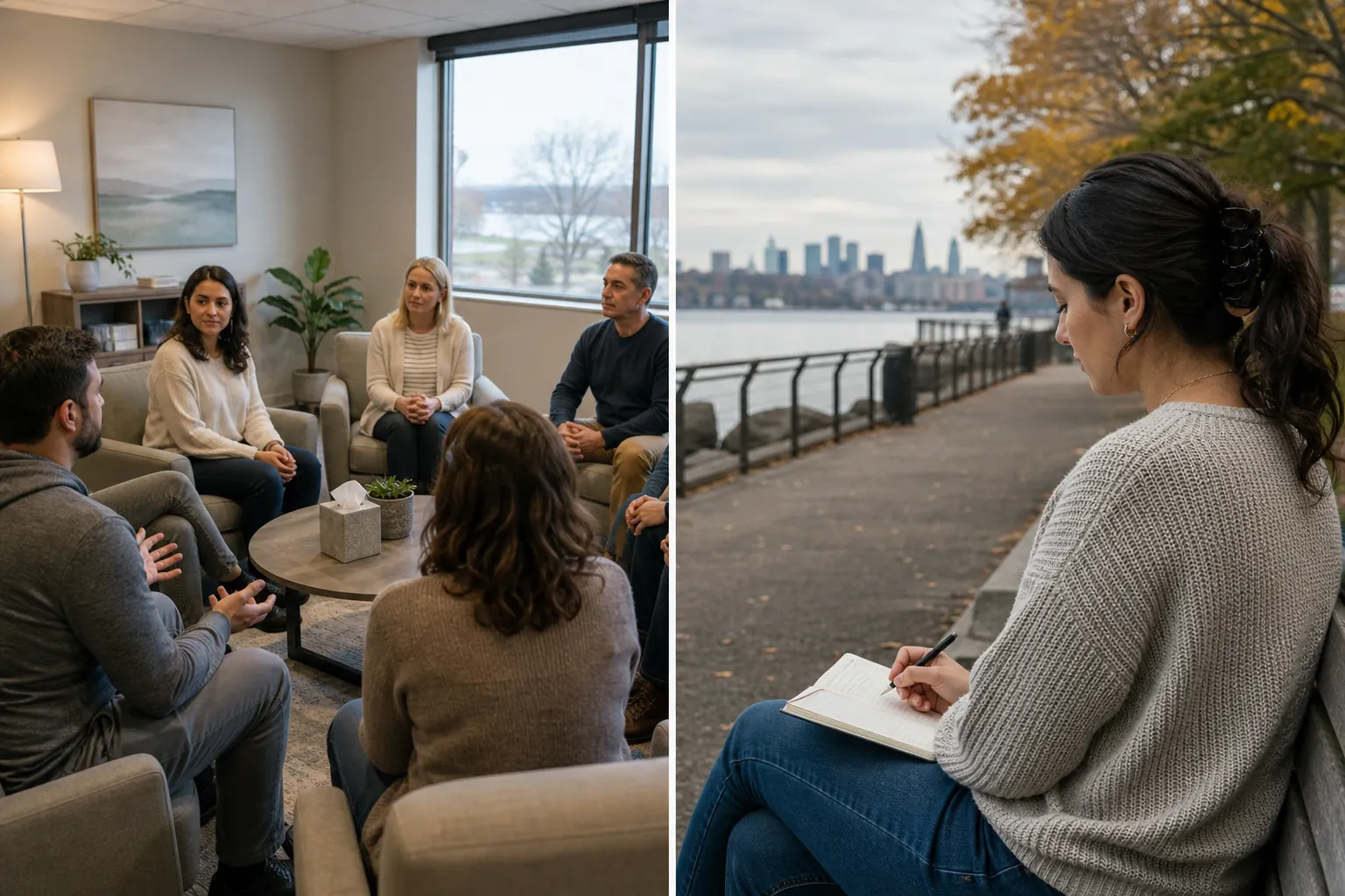 Split scene showing an indoor therapy group and a woman journaling alone beside a waterfront promenade.