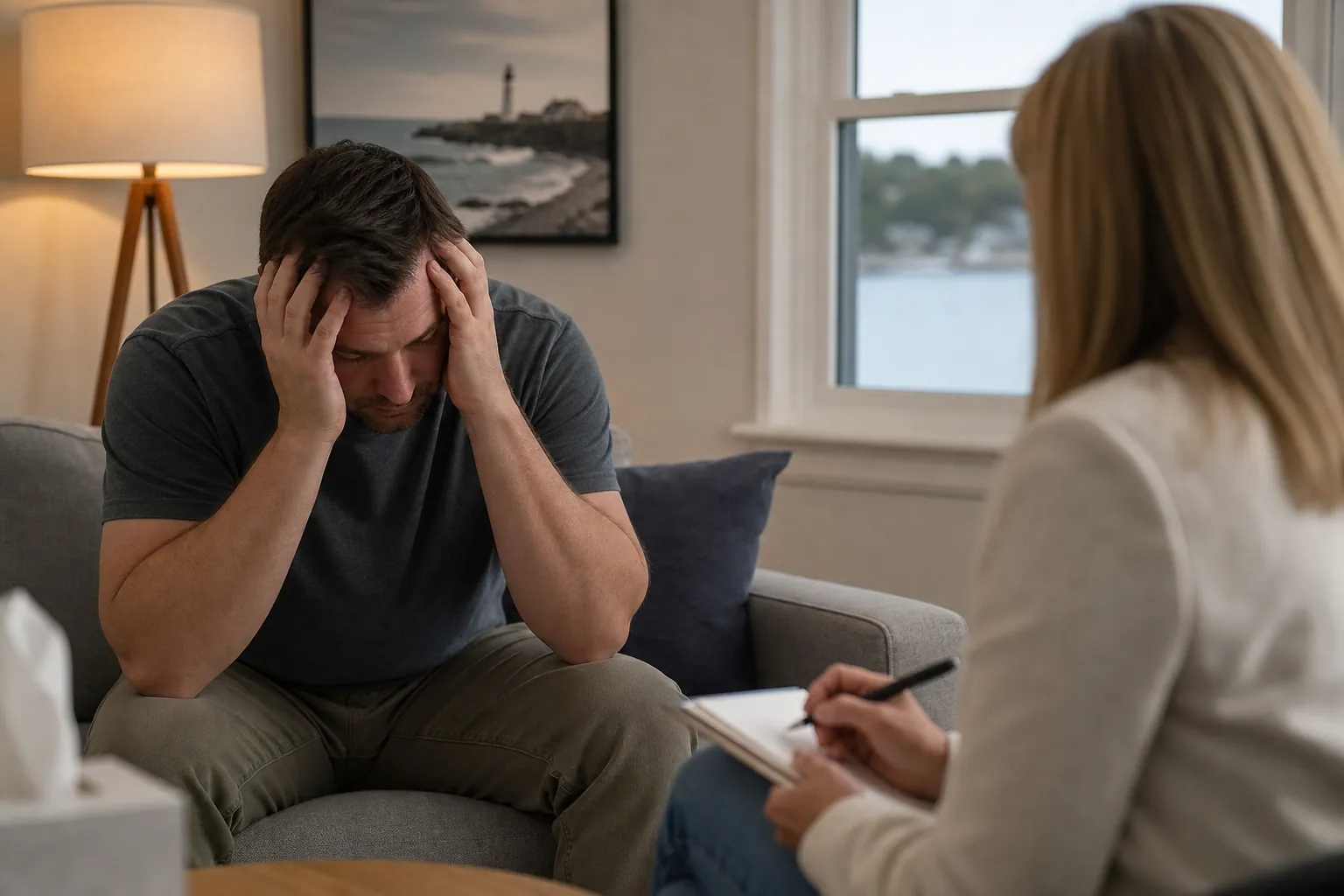 Distressed man holding his head while seated across from a therapist taking notes in a calm office.