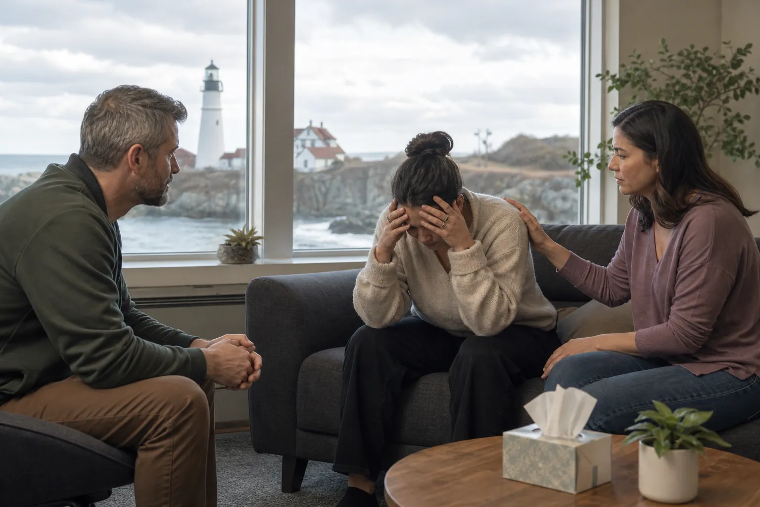 Supportive therapy session for a woman in distress A distressed woman covers her face while two people offer support during a seated therapy session.