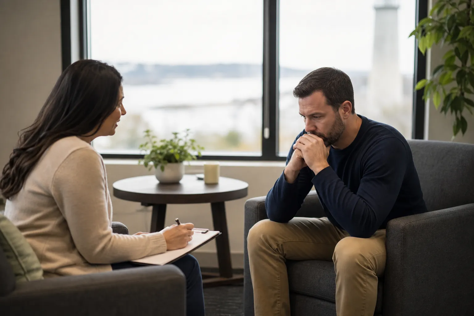 Therapist Meeting With a Man at the Start of PTSD Care A therapist takes notes while a distressed man sits with clasped hands during an initial PTSD care session.