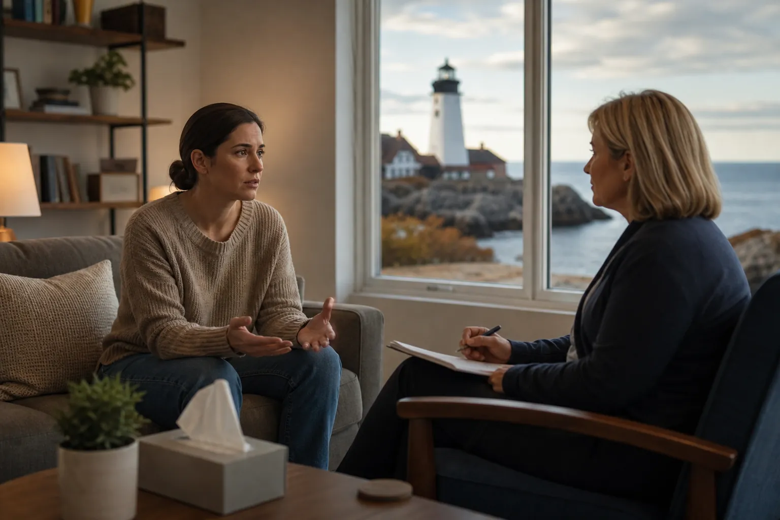 Individual Talk Therapy Session in a Coastal Office A woman speaks with a therapist taking notes in a calm office overlooking a coastal lighthouse.
