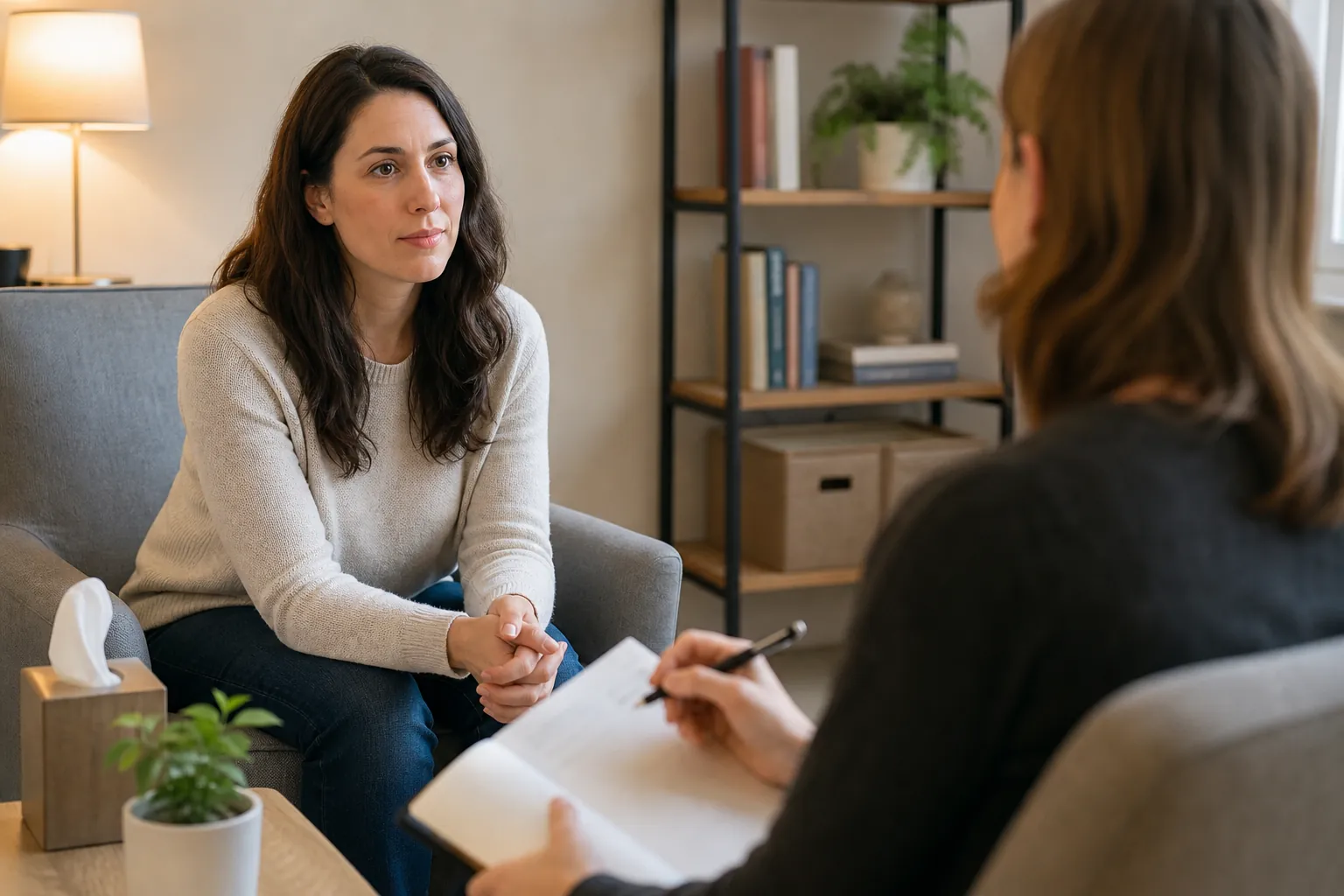 Woman listening to another person