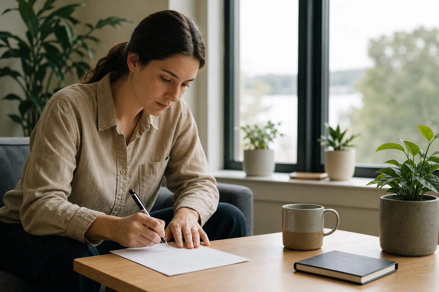 Woman writing on a sheet of paper