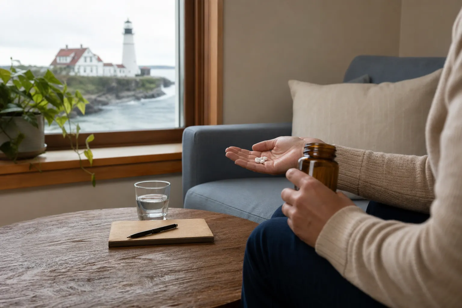 Person holding a medicine bottle and tablets