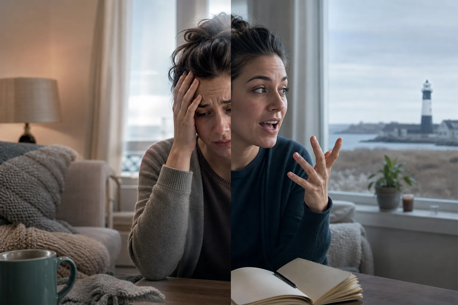 Split portrait of a woman appearing distressed on one side and animated on the other, seated at a table by a window.