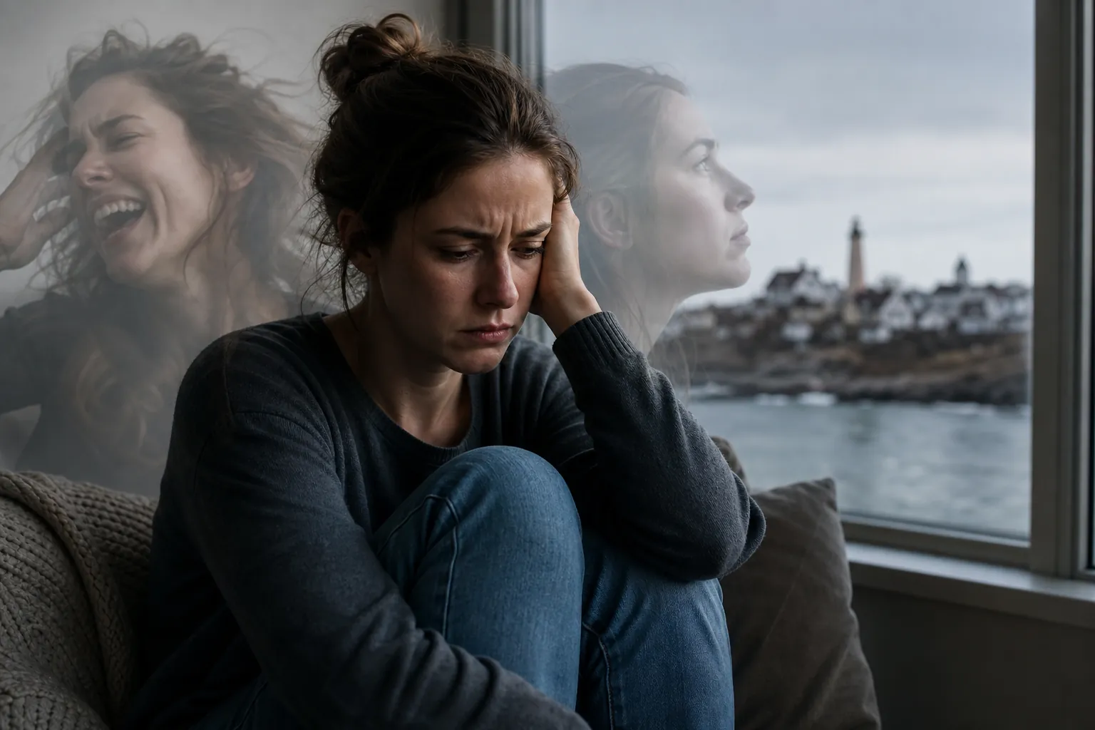 Distressed woman sitting by a window, with contrasting joyful and calm versions of her reflected in the glass.