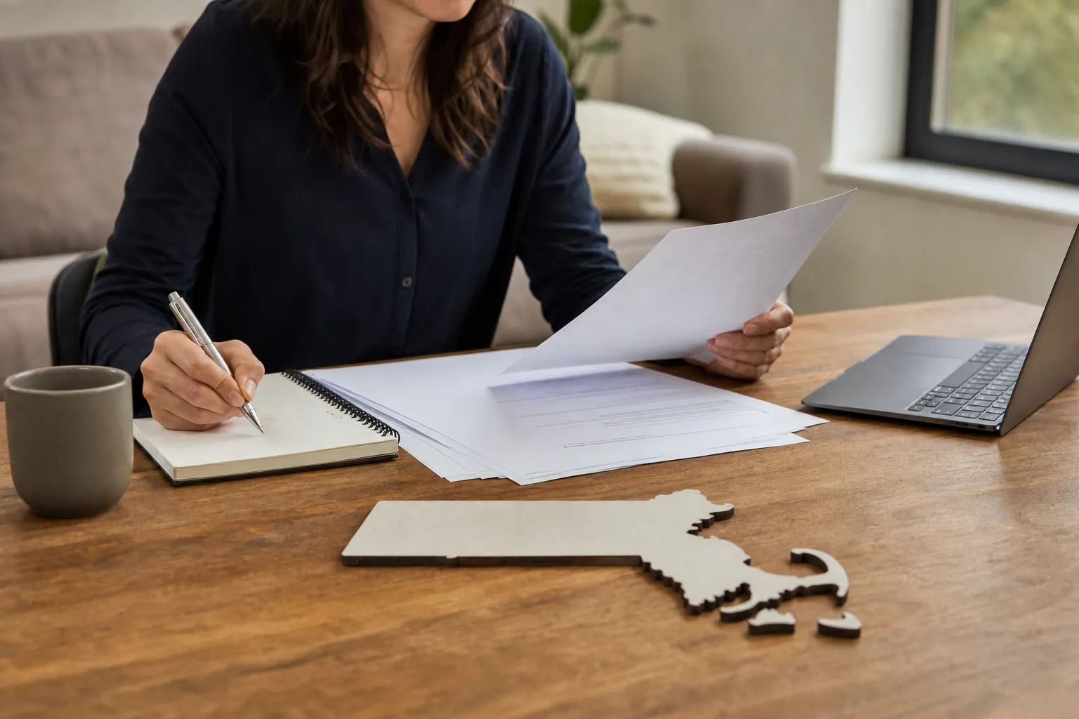 Woman reviews paperwork and takes notes beside a laptop and a Massachusetts-shaped cutout on a desk.