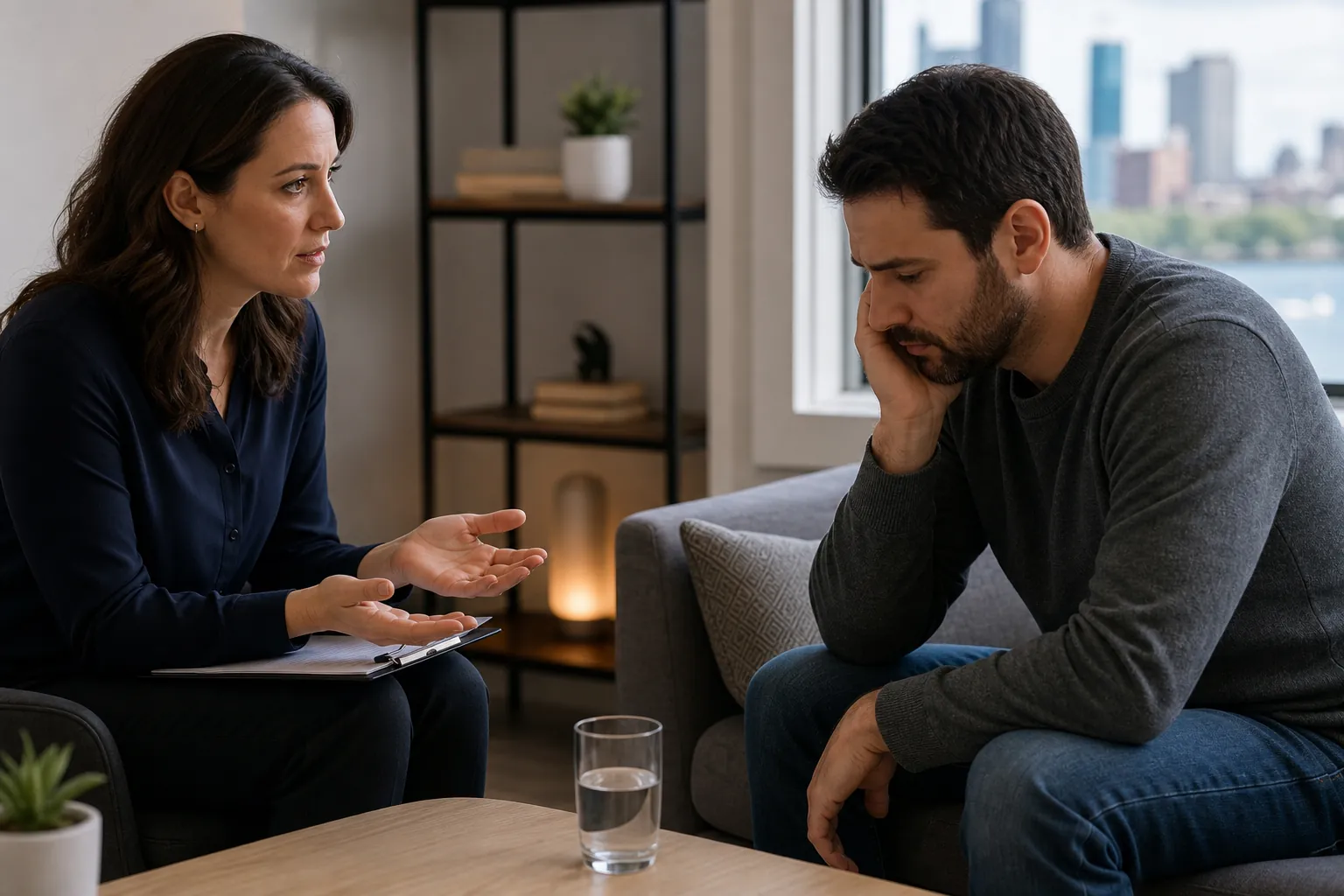 A counselor gestures while speaking with a distressed man seated on a sofa during a private mental health consultation.