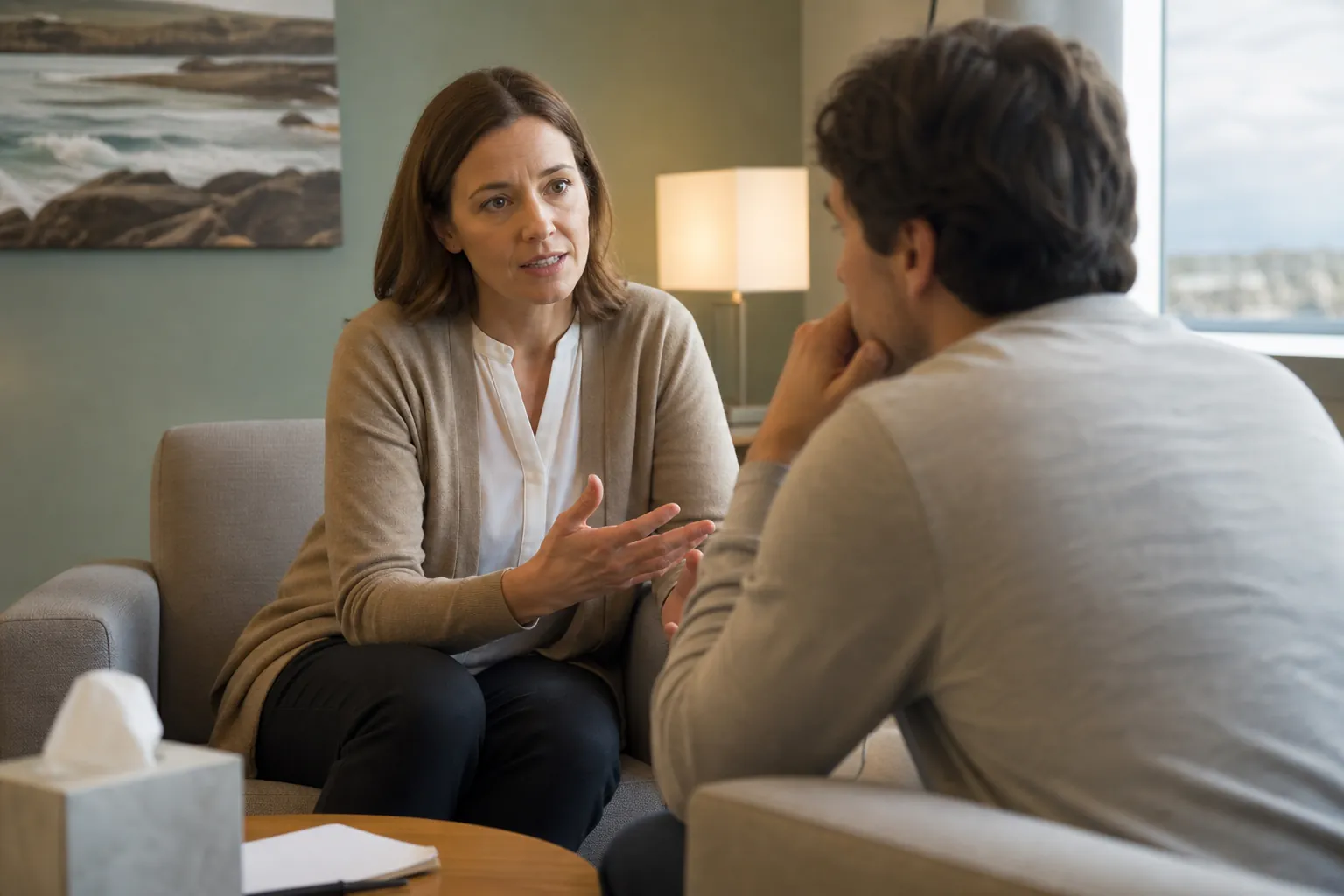 A female clinician gestures while speaking with an adult male patient seated across from her in a counseling office.