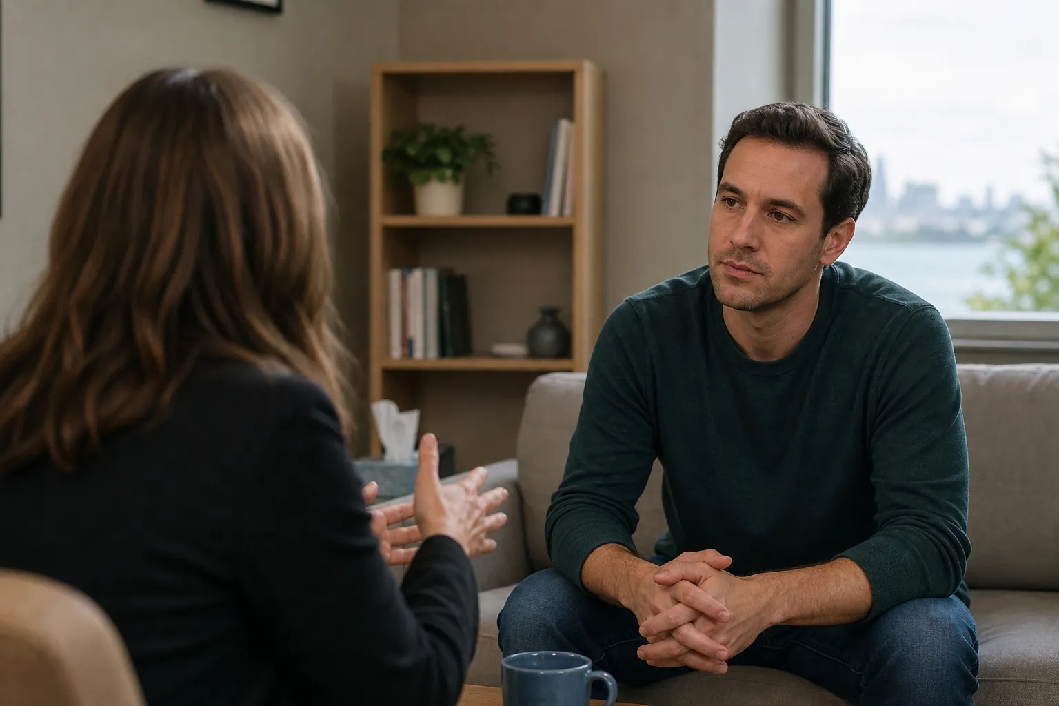 A clinician gestures while speaking with an attentive adult man seated on a sofa in a private counseling office.