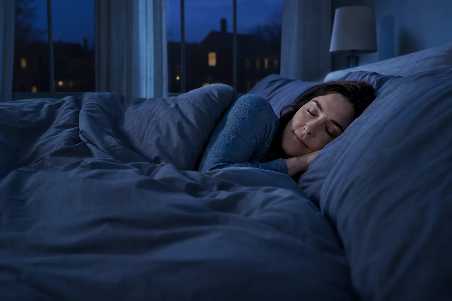 Woman sleeping in a blue bedroom
