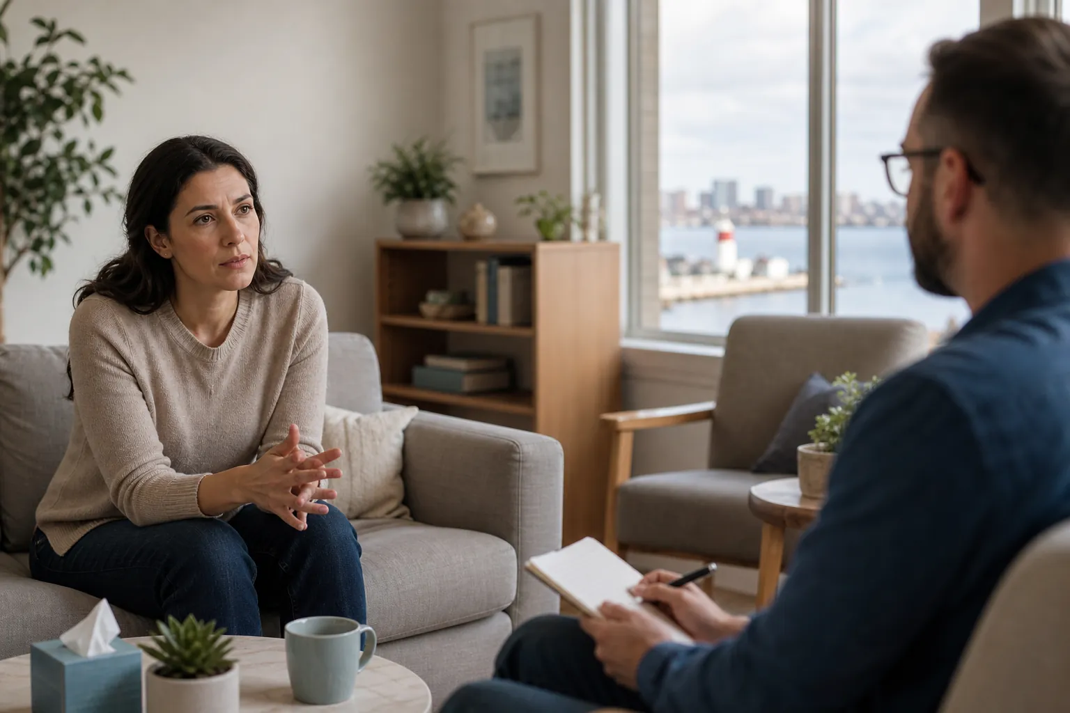 Woman talking with a person holding a clipboard