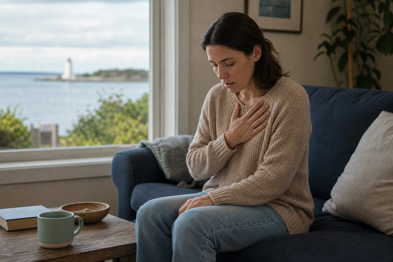 Distressed woman seated on a blue sofa with one hand on her chest, near a window overlooking the coast.