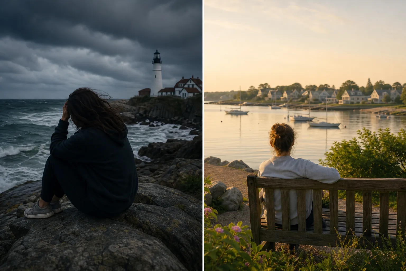 Split coastal scene with one distressed person by stormy waves and another resting on a bench beside a calm harbor.