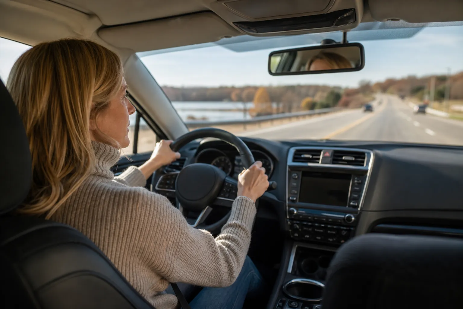Woman in a gray sweater driving on a road beside water and autumn trees.