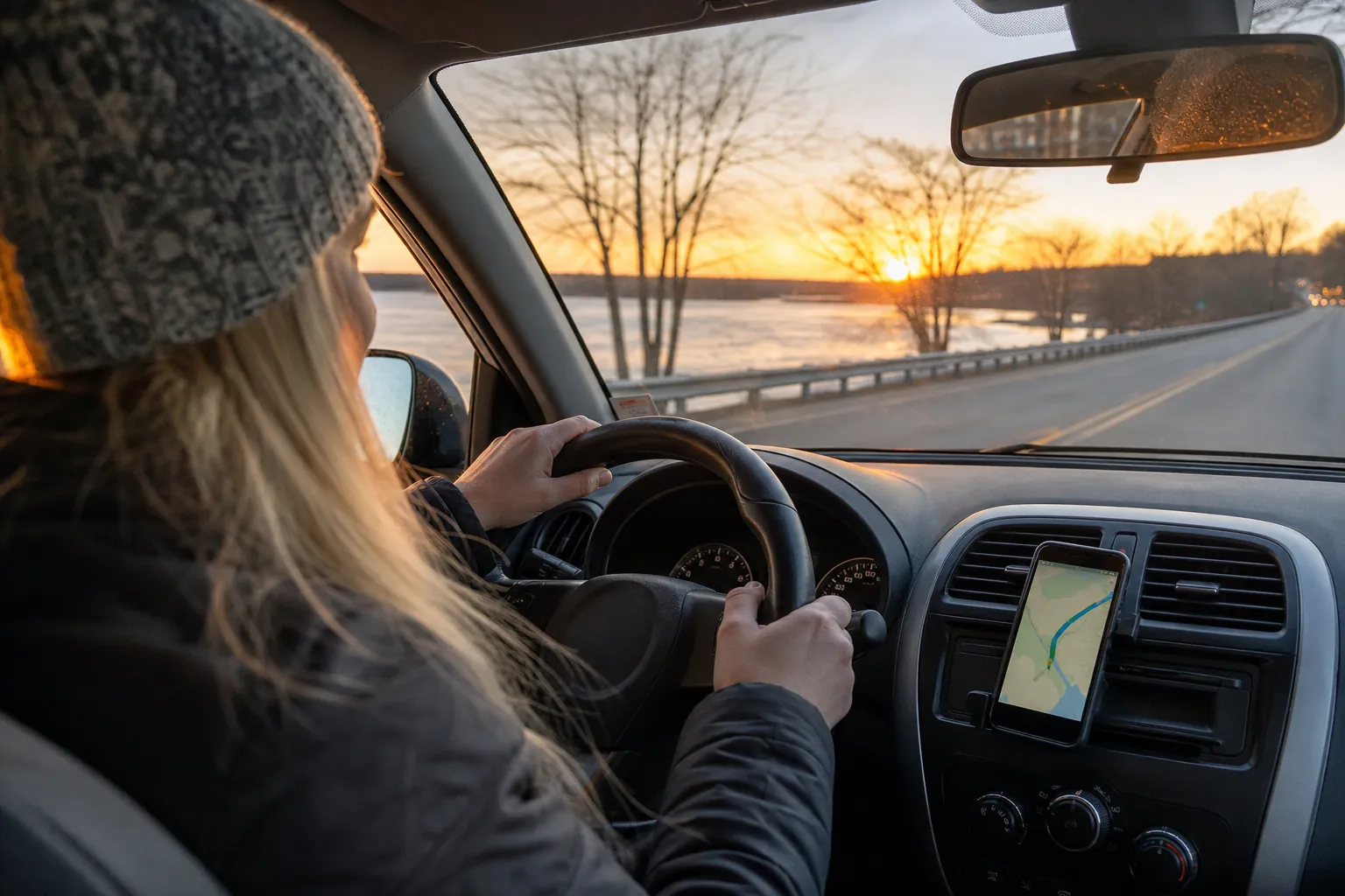 Driver in a knit hat holding the wheel beside a mounted navigation phone on a waterfront road at sunset.