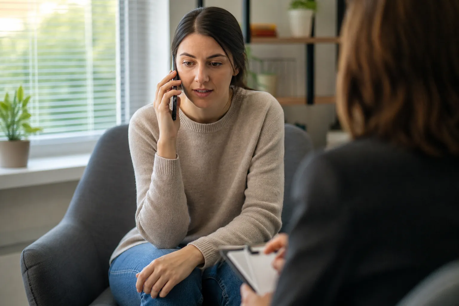 Woman Calls for an Initial Mental Health Screening A woman seated across from a counselor holds a phone to her ear during an initial mental health screening.