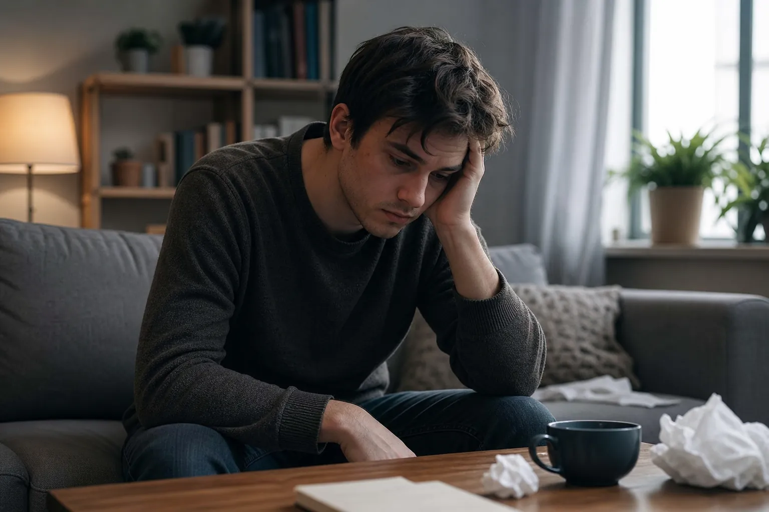 Man Sitting on a Sofa With His Head in His Hand A man leans forward on a gray sofa with his head resting in one hand, beside a table with a mug and crumpled tissues.